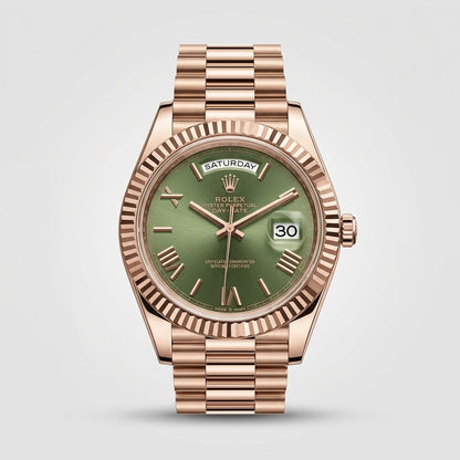 Rolex| rose gold olive green roman dial
